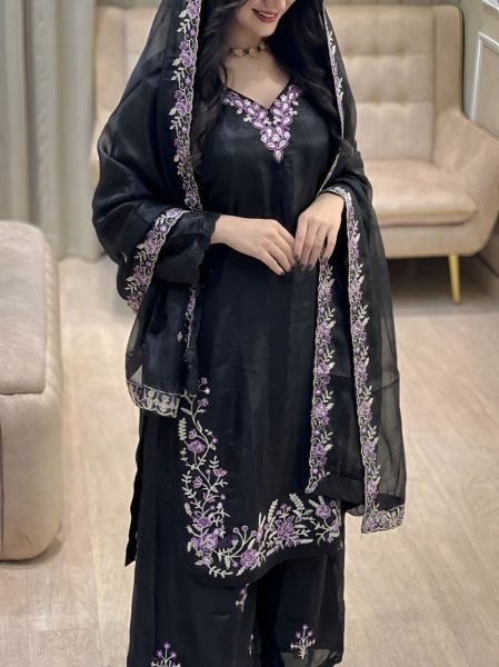 Sleek Black Fendy Palazzo Suit Using Heavy Embroidery Work With Dupatta Ready To Wear Collection