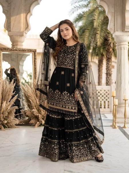 Sleek Black Heavy Faux Georgette Sharara Set with Embroidered Net Dupatta for Festival 