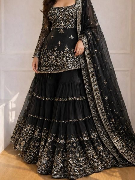 Sleek Black Heavy Faux Georgette Sharara Set with Embroidered Net Dupatta for Festival Ready To Wear Collection