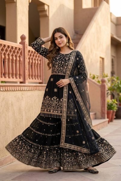 Sleek Black Heavy Faux Georgette Sharara Set with Embroidered Net Dupatta for Festival Ready To Wear Collection
