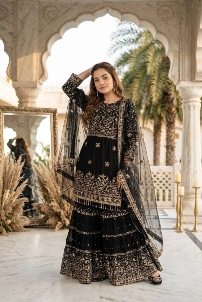 Sleek Black Heavy Faux Georgette Sharara Set with Embroidered Net Dupatta for Festival Ready To Wear Collection