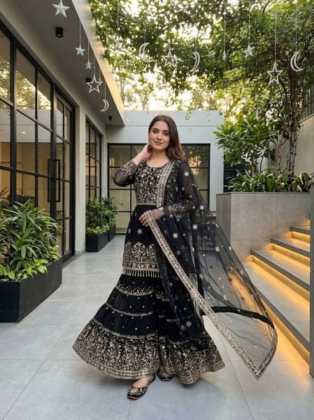 Sleek Black Heavy Faux Georgette Sharara Set with Embroidered Net Dupatta for Festival Ready To Wear Collection