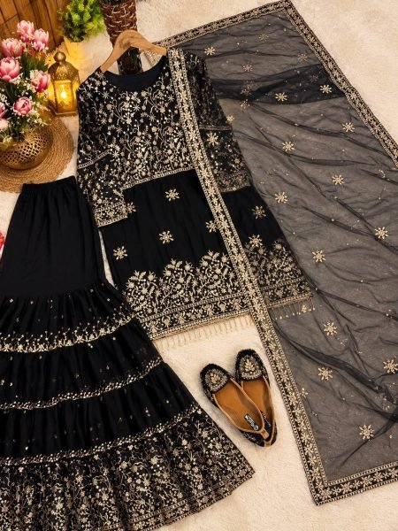 Sleek Black Heavy Faux Georgette Sharara Set with Embroidered Net Dupatta for Festival Ready To Wear Collection