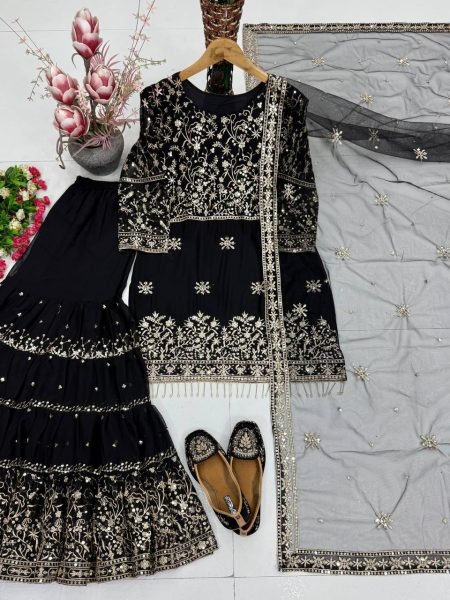 Sleek Black Heavy Faux Georgette Sharara Set with Embroidered Net Dupatta for Festival Ready To Wear Collection