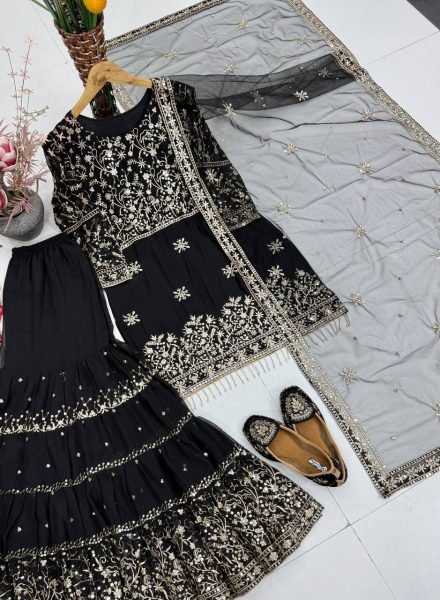 Sleek Black Heavy Faux Georgette Sharara Set with Embroidered Net Dupatta for Festival Ready To Wear Collection