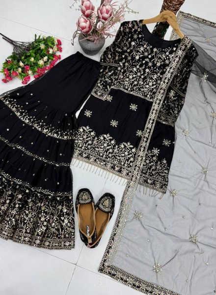Sleek Black Heavy Faux Georgette Sharara Set with Embroidered Net Dupatta for Festival Ready To Wear Collection