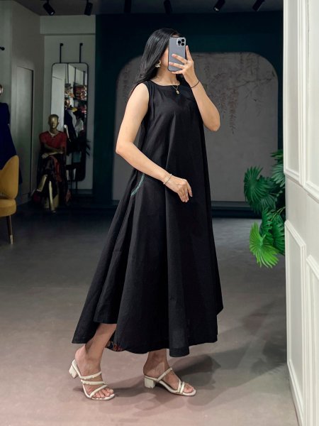 Sleek Black Khadi Cotton Kurti with Handcrafted Thread Detailing and Pocket Anarkali Kurtis 