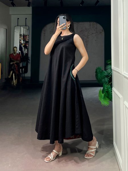 Sleek Black Khadi Cotton Kurti with Handcrafted Thread Detailing and Pocket Anarkali Kurtis 