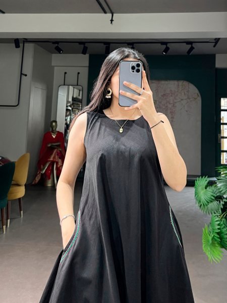 Sleek Black Khadi Cotton Kurti with Handcrafted Thread Detailing and Pocket Anarkali Kurtis 