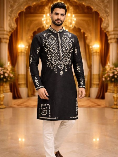 Sleek Black Mens Silk Short Kurta with Mirror Work for Festive Wear Mens Wear
