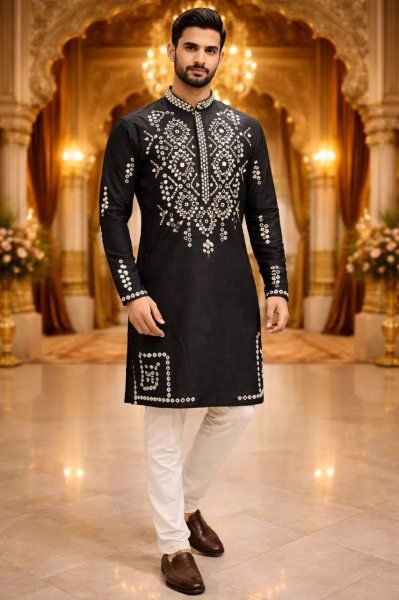 Sleek Black Mens Silk Short Kurta with Mirror Work for Festive Wear Kurta Pajama Wholesale