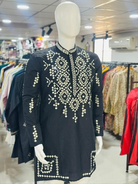 Sleek Black Mens Silk Short Kurta with Mirror Work for Festive Wear Kurta Pajama Wholesale