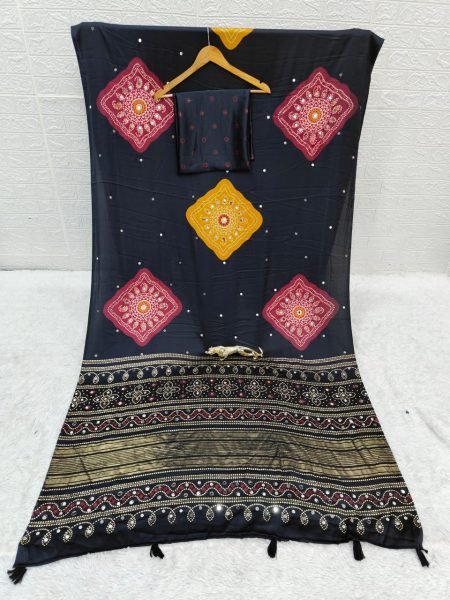 Sleek Black Party Wear Saree with Mirror Work and Viscose Latkan Pallu Silk Sarees Wholesale