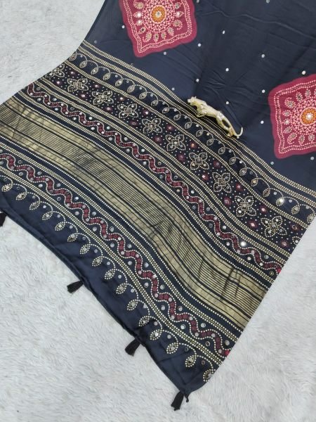 Sleek Black Party Wear Saree with Mirror Work and Viscose Latkan Pallu Silk Sarees Wholesale