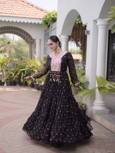 Sleek Black Premium Laheriya Print Faux Georgette Gown with Kutchi Patchwork Shop by Occasion