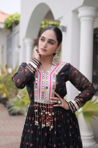 Sleek Black Premium Laheriya Print Faux Georgette Gown with Kutchi Patchwork Anarkali Kurtis 