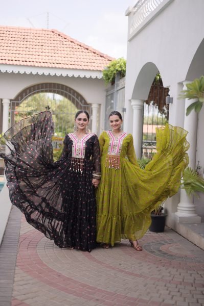 Sleek Black Premium Laheriya Print Faux Georgette Gown with Kutchi Patchwork Anarkali Kurtis 