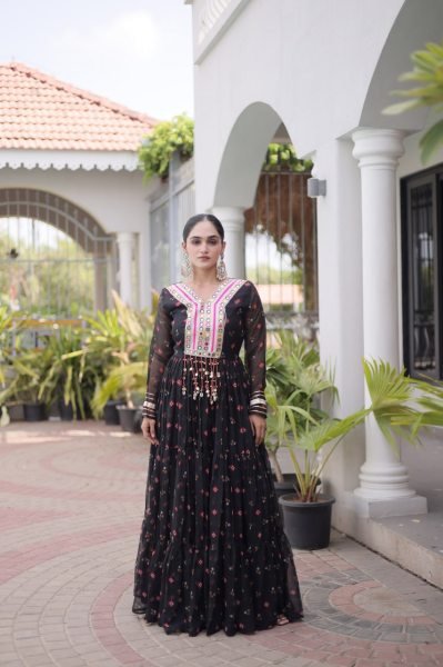 Sleek Black Premium Laheriya Print Faux Georgette Gown with Kutchi Patchwork Anarkali Kurtis 