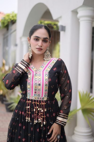 Sleek Black Premium Laheriya Print Faux Georgette Gown with Kutchi Patchwork Anarkali Kurtis 