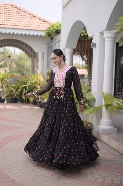 Sleek Black Premium Laheriya Print Faux Georgette Gown with Kutchi Patchwork Anarkali Kurtis 