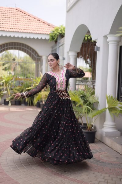 Sleek Black Premium Laheriya Print Faux Georgette Gown with Kutchi Patchwork Anarkali Kurtis 