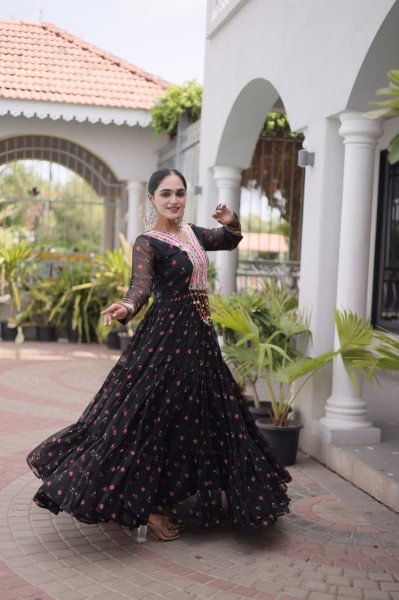 Sleek Black Premium Laheriya Print Faux Georgette Gown with Kutchi Patchwork Anarkali Kurtis 