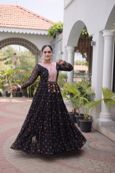 Sleek Black Premium Laheriya Print Faux Georgette Gown with Kutchi Patchwork Anarkali Kurtis 