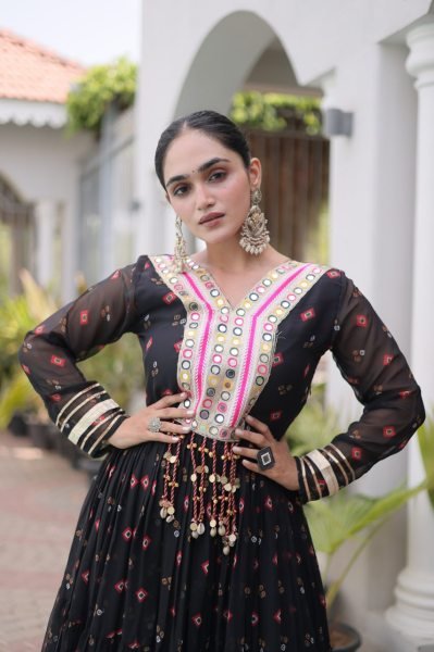 Sleek Black Premium Laheriya Print Faux Georgette Gown with Kutchi Patchwork Anarkali Kurtis 
