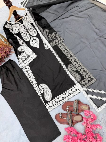 Sleek Black Stylish Bell Sleeve Palazzo Set with Lace Dupatta Ready To Wear Collection