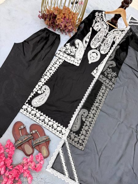Sleek Black Stylish Bell Sleeve Palazzo Set with Lace Dupatta Ready To Wear Collection