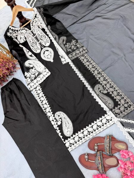 Sleek Black Stylish Bell Sleeve Palazzo Set with Lace Dupatta Ready To Wear Collection