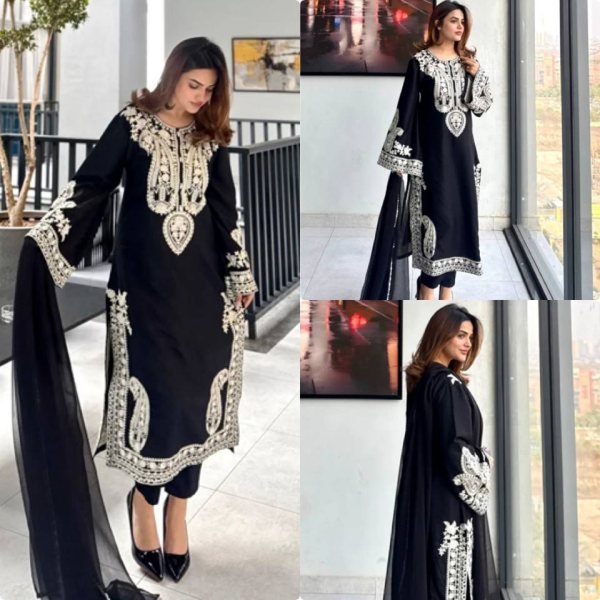 Sleek Black Stylish Bell Sleeve Palazzo Set with Lace Dupatta Ready To Wear Collection