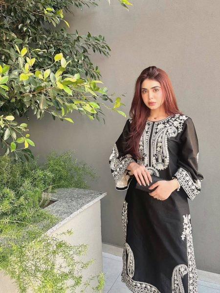 Sleek Black Stylish Bell Sleeve Palazzo Set with Lace Dupatta Ready To Wear Collection