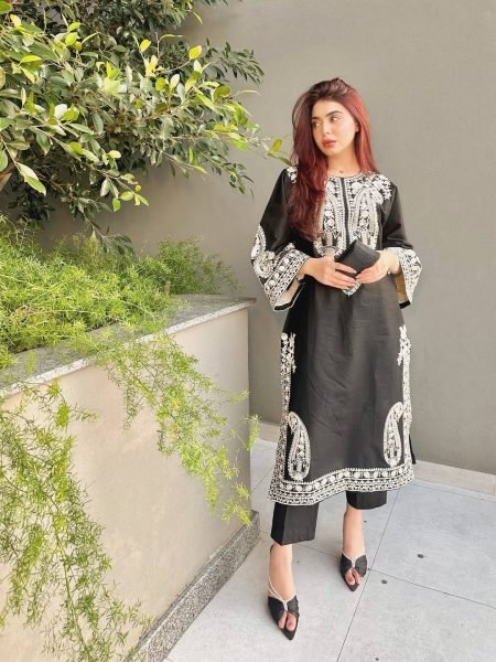 Sleek Black Stylish Bell Sleeve Palazzo Set with Lace Dupatta Ready To Wear Collection