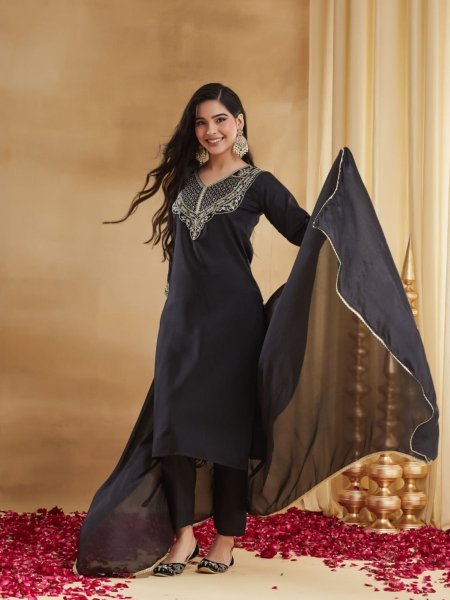 Sleek Black Wedding Wear Rayon Slub Embroidered Suit with Chinon Dupatta Kurtis