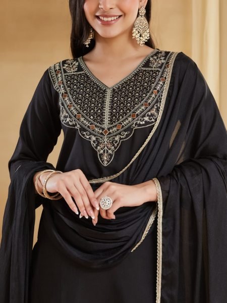 Sleek Black Wedding Wear Rayon Slub Embroidered Suit with Chinon Dupatta Embroidery Kurtis 