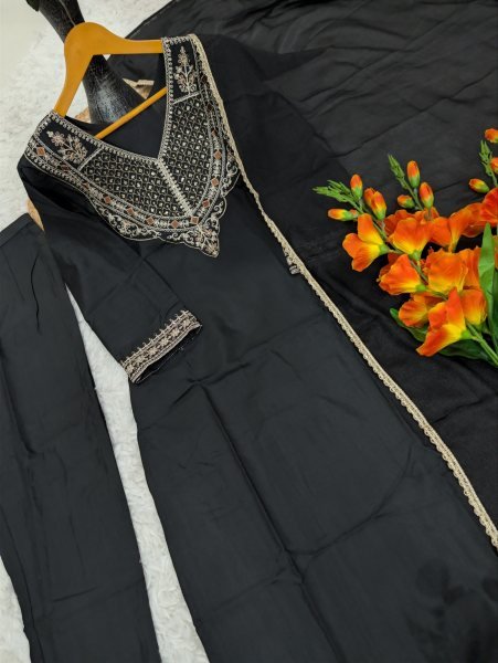 Sleek Black Wedding Wear Rayon Slub Embroidered Suit with Chinon Dupatta Embroidery Kurtis 