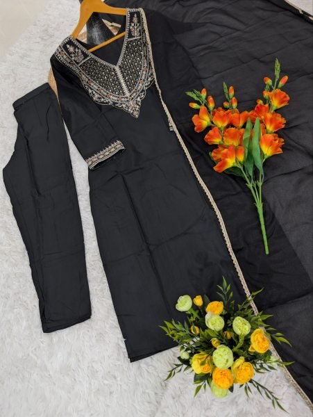 Sleek Black Wedding Wear Rayon Slub Embroidered Suit with Chinon Dupatta Embroidery Kurtis 