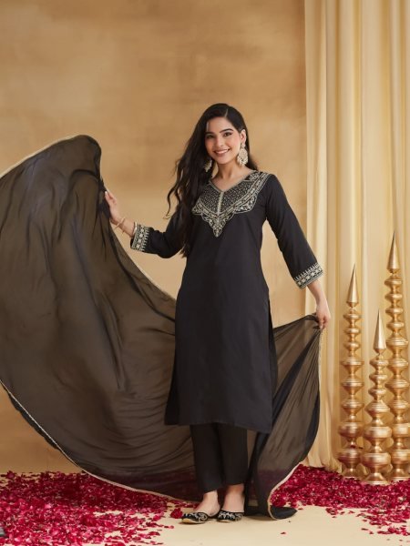 Sleek Black Wedding Wear Rayon Slub Embroidered Suit with Chinon Dupatta Embroidery Kurtis 