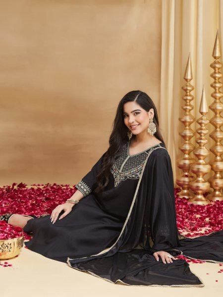 Sleek Black Wedding Wear Rayon Slub Embroidered Suit with Chinon Dupatta Embroidery Kurtis 