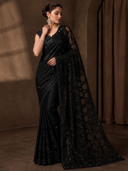 Sleek Black Women s Butterfly Net Saree with Heavy Multi Sequins Embroidery Work Sarees 