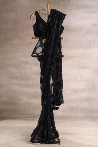 Sleek Black Women s Butterfly Net Saree with Heavy Multi Sequins Embroidery Work Bollywood Fancy Sarees Wholesale