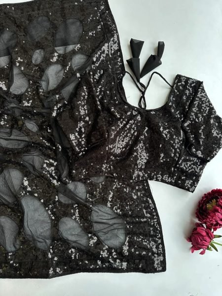 Sleek Black Women s Butterfly Net Saree with Heavy Multi Sequins Embroidery Work Bollywood Fancy Sarees Wholesale