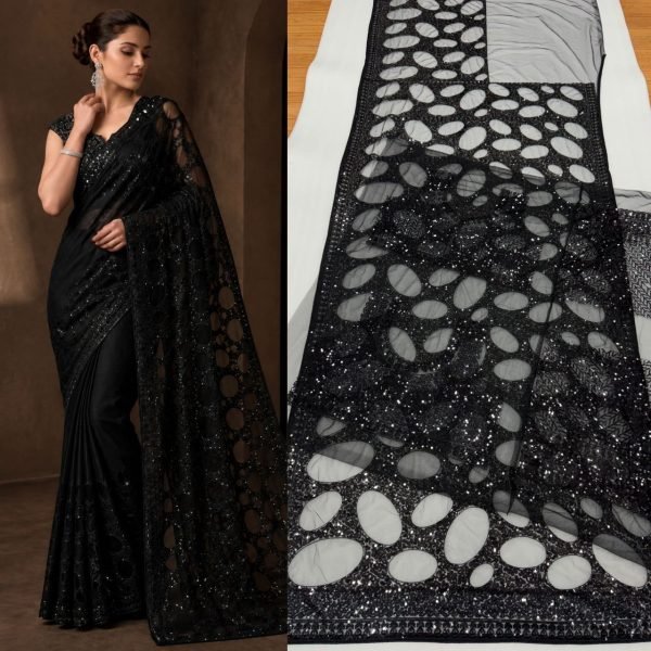 Sleek Black Women s Butterfly Net Saree with Heavy Multi Sequins Embroidery Work Bollywood Fancy Sarees Wholesale