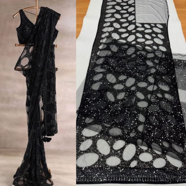 Sleek Black Women s Butterfly Net Saree with Heavy Multi Sequins Embroidery Work Bollywood Fancy Sarees Wholesale
