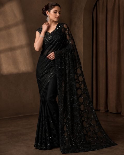 Sleek Black Women s Butterfly Net Saree with Heavy Multi Sequins Embroidery Work Bollywood Fancy Sarees Wholesale