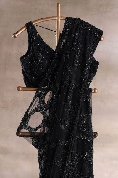 Sleek Black Women s Butterfly Net Saree with Heavy Multi Sequins Embroidery Work Bollywood Fancy Sarees Wholesale