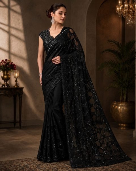 Sleek Black Women s Butterfly Net Saree with Heavy Multi Sequins Embroidery Work Bollywood Fancy Sarees Wholesale