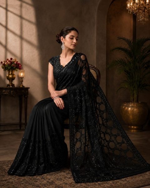 Sleek Black Women s Butterfly Net Saree with Heavy Multi Sequins Embroidery Work Bollywood Fancy Sarees Wholesale