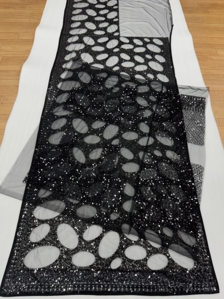 Sleek Black Women s Butterfly Net Saree with Heavy Multi Sequins Embroidery Work Bollywood Fancy Sarees Wholesale